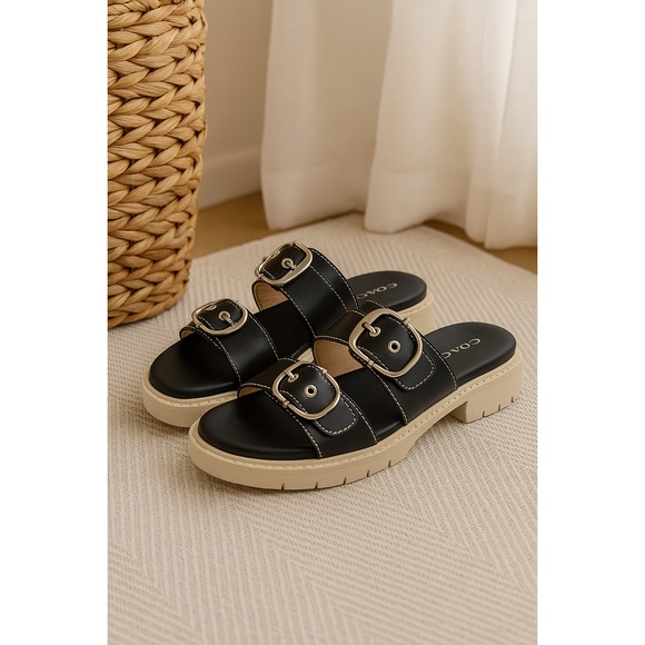 COACH Women's Black Leather Double Buckle Slide Sandals Size 6B - Picture 1 of 8